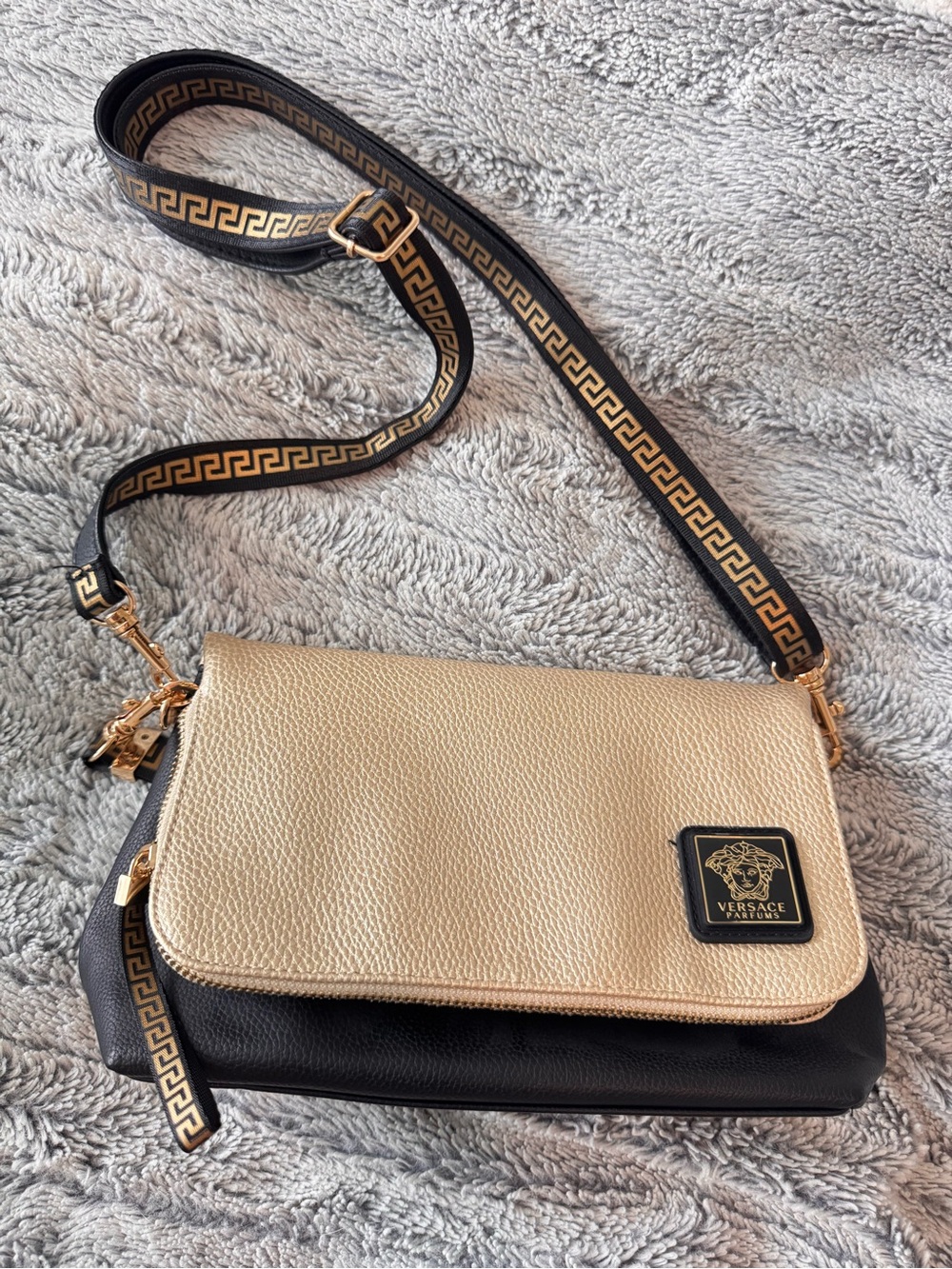 Versace perfume Gold and Black Leather Crossbody with Signature Strap